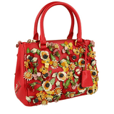 Prada Women's Red Saffiano Leather Floral Applique Galleria Shoulder Bag 1BA905