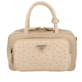 Prada Women's Beige Leather Nylon Ostrich Straussenleder Shoulder Bag 1BB106