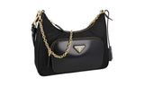 Prada Women's Black Re-nylon Spazzolato Leather Gold Chain Kette Shoulder Bag 1BC198