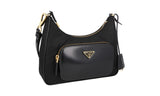 Prada Women's Black Re-nylon Spazzolato Leather Gold Chain Kette Shoulder Bag 1BC198