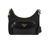Prada Women's Black Re-nylon Spazzolato Leather Gold Chain Kette Shoulder Bag 1BC198