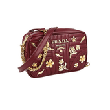 Prada Women's Red Leather Diagramme Gold Flowers Blumen Shoulder Bag 1BH084