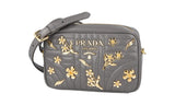 Prada Women's Grey Leather Diagramme Golden Flowers Shoulder Bag 1BH084