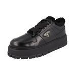 Prada Women's Black Leather Downtown Bold Shearling Fur Platform Sneaker 1E947M