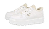 Prada Women's White Leather Downtown Bold Shearling Fur Platform Sneaker 1E947M