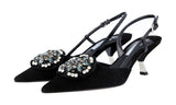 Prada Women's Black Leather Slingback Crystal Brooch Pumps / Heels 1I016G