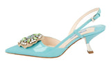 Prada Women's Turquoise Leather Slingback Crystal Brooch Pumps / Heels 1I016G