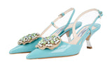 Prada Women's Turquoise Leather Slingback Crystal Brooch Pumps / Heels 1I016G