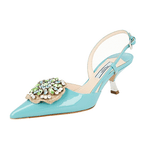 Prada Women's Turquoise Leather Slingback Crystal Brooch Pumps / Heels 1I016G