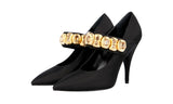 Prada Women's Black Leather Crystal Gold Pumps / Heels 1I0311