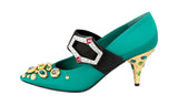 Prada Women's Green Leather Runway Crystal Brooch Pumps / Heels 1I911H