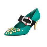 Prada Women's Green Leather Runway Crystal Brooch Pumps / Heels 1I911H