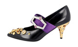 Prada Women's Multicoloured Brushed Spazzolato Leather Runway Crystal Brooch Ribbon Pumps / Heels 1I911H