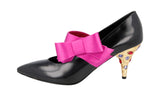 Prada Women's Black Brushed Spazzolato Leather Runway Rhinestone Bow Pumps / Heels 1I981H