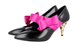 Prada Women's Black Brushed Spazzolato Leather Runway Rhinestone Bow Pumps / Heels 1I981H
