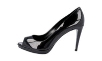 Prada Women's Black Leather Platform Peep Toe Pumps / Heels 1KP136