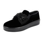 Prada Women's Black Leather Crystal Bow Brooch Slip-on Sneaker 1S125H