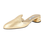 Prada Women's Gold Saffiano Leather Crystal Heel Mules Slides Sandals 1S616I