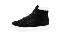 Prada Women's Black Leather Shearling Fur Cassetta Wheel High-Top Sneaker 1T508M