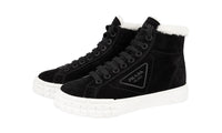 Prada Women's Black Leather Shearling Fur Cassetta Wheel High-Top Sneaker 1T508M