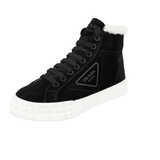 Prada Women's Black Leather Shearling Fur Cassetta Wheel High-Top Sneaker 1T508M