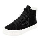 Prada Women's Black Leather Shearling Fur Cassetta Wheel High-Top Sneaker 1T508M