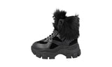 Prada Women's Black Heavy-Duty Rubber Sole Leather Monolith Shearling Fur Block Booties Sneaker 1T611L