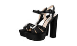 Prada Women's Black Leather Crystal Platform High Heels Sandals 1XP02A