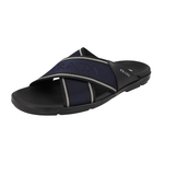 Prada Men's Black Leather + Nylon Crisscross Slides Sandals 2X3032