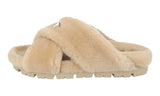 Prada Men's Beige Leather Shearling Fur Schaf Fell Slides Sandals Sandalen Sandals 2X3103
