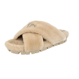 Prada Men's Beige Leather Shearling Fur Schaf Fell Slides Sandals Sandalen Sandals 2X3103