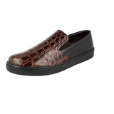 Prada Men's Brown Leather Croc Print Downtown Slip-on Sneaker 4D2733