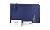 Prada Men's Blue Saffiano Leather Pouch Wallet Necessaire Dokumentenmappe Handtasche Geldboerse Messenger Bag VR0095